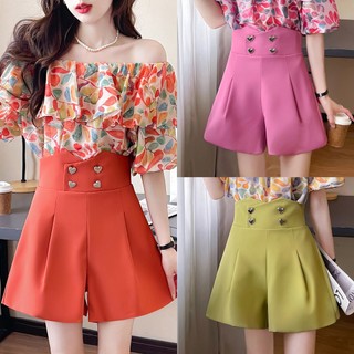 Quần Short Lưng Cao Ống Rộng Phối Nút Hình Trái Tim Nhiều Màu Sắc Thời Trang Mùa Hè Cho Nữ❤2418