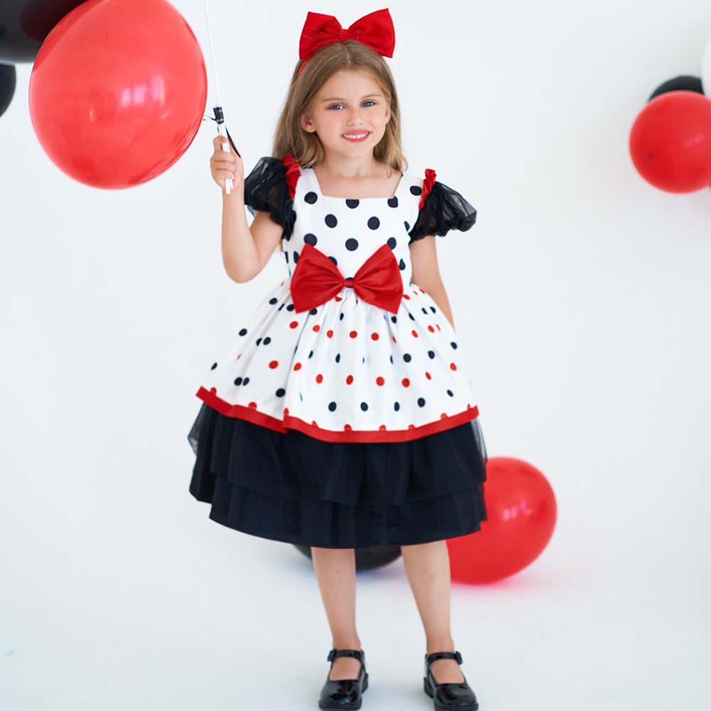Đầm Hóa Trang Chuột Mickey / Minnie Chấm Bi Tay Phồng Đáng Yêu