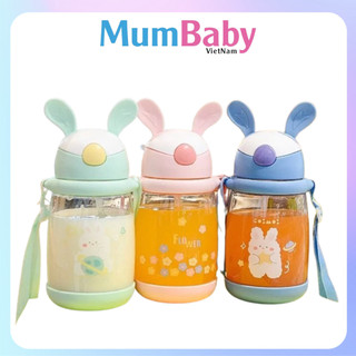 Bình uống nước 600ml nhựa PP cao cấp ống hút silicone tai thỏ có dây đeo cho bé MumBaby