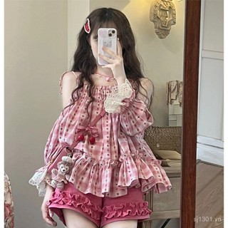 Quần short trẻ trung phong cách rừng với ren, vai trễ, bộ đồ hai mảnh mùa hè cho phụ nữ, thời trang, dây đeo kẻ sọc