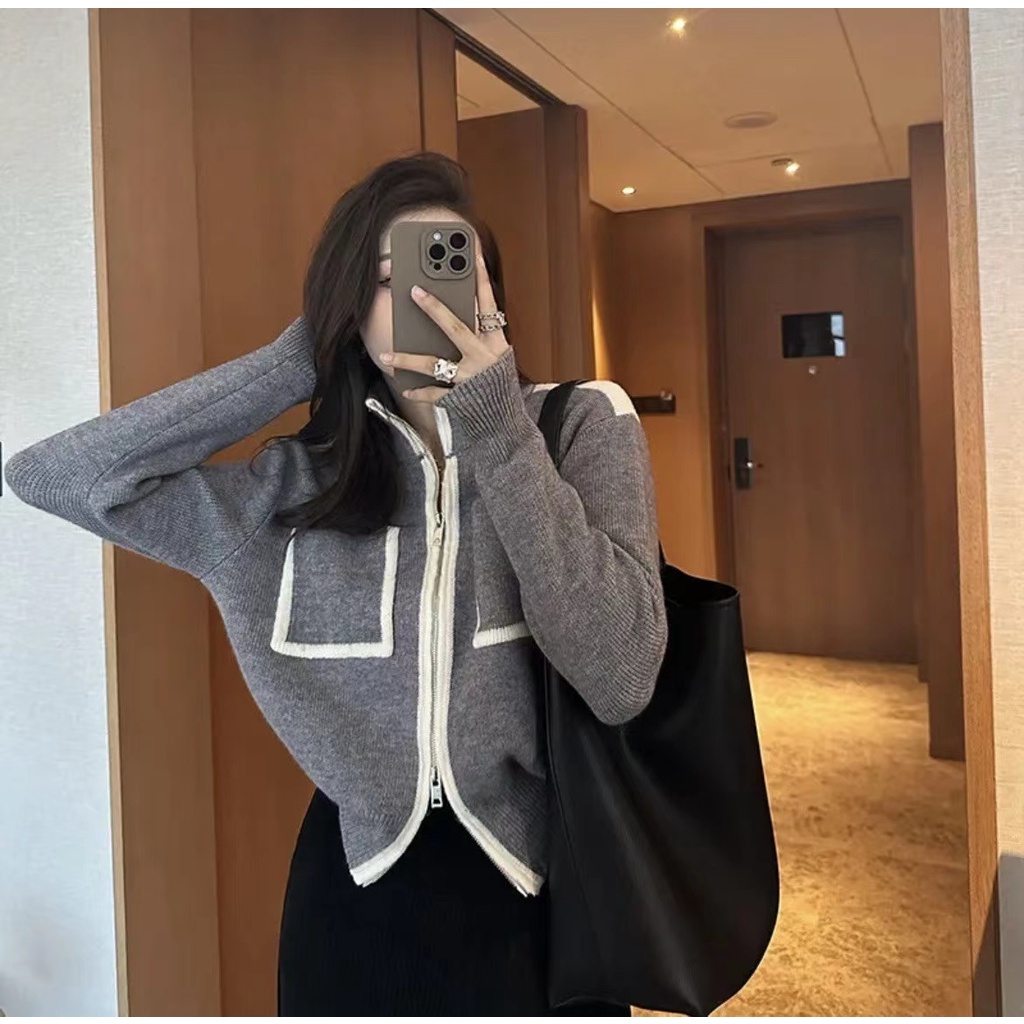 Sugemiusi Áo Khoác cardigan Dệt Kim Hai Đầu Phối Khóa Kéo Phong Cách chanel Thời Trang Thu Đông Dành Cho Nữ