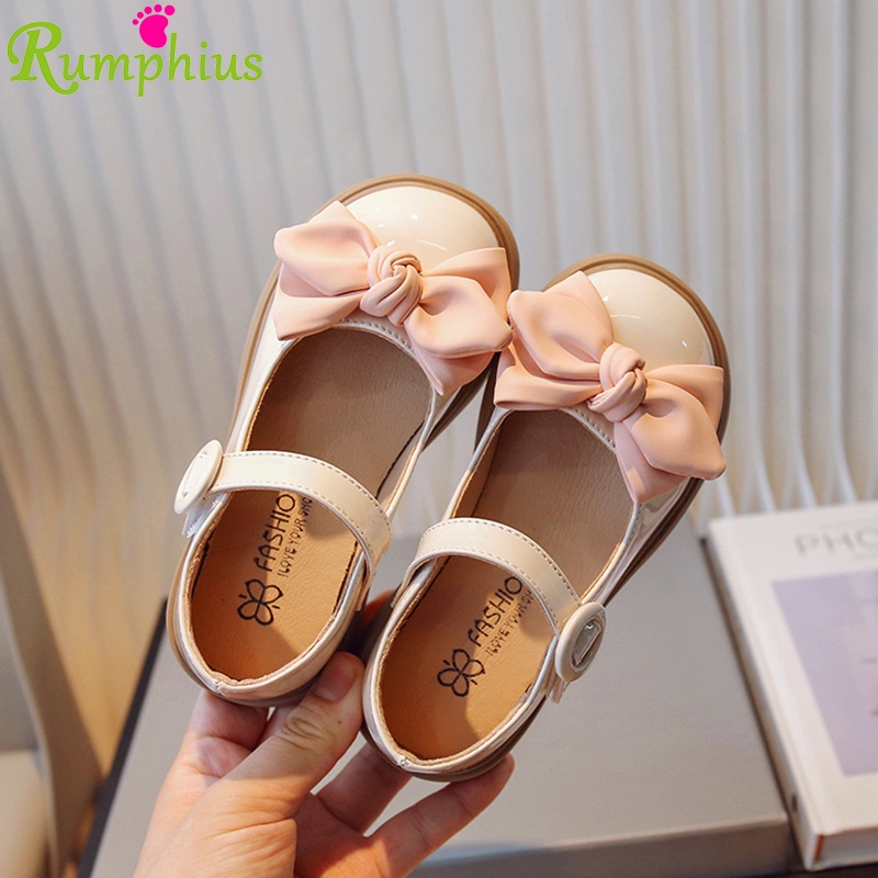 Rumphius Giày Da Bóng Mũi Tròn Đế Mềm Đính Nơ Thiết Kế Đơn Giản Thoải Mái Cho Bé Gái size 23-35
