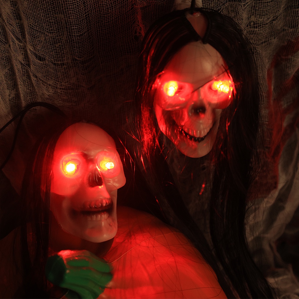 Bộ Tóc Giả Đầu Lâu / Đèn led Dài Hóa Trang halloween Với Đèn Chùm Đầu Lâu Ma / Đèn Mắt Đỏ Rực Rỡ Trang Trí Nhà Kinh Dị