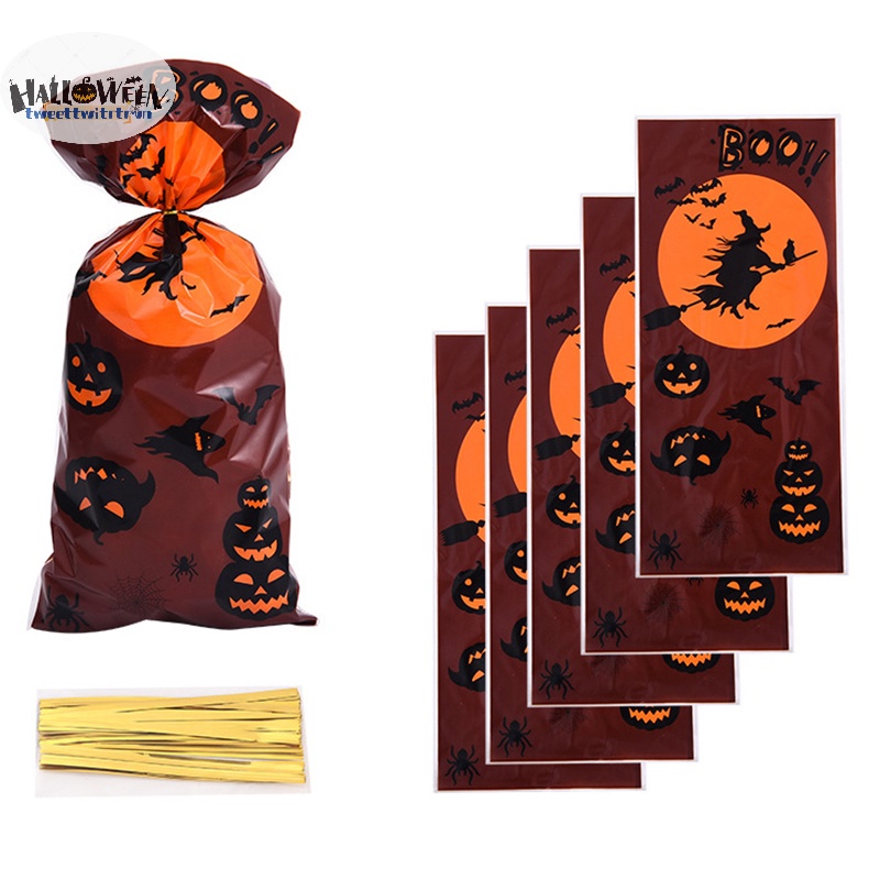 Tri Set 50 Túi Đựng Kẹo halloween 12.5 X 27.5cm Có Dây Ruy Băng Trang Trí halloween
