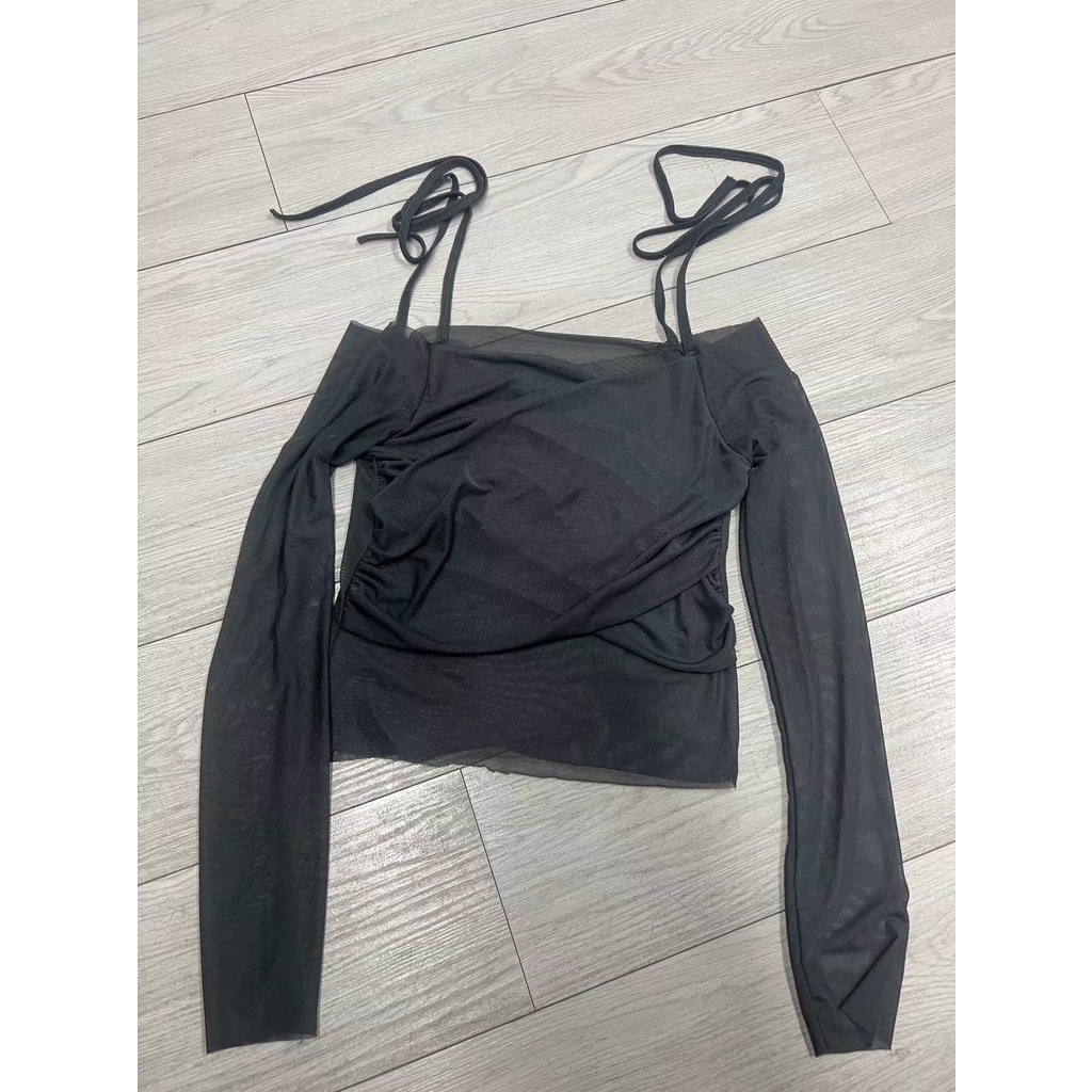 Áo Thun Tay Dài Hở Một Bên Vai Phối Lưới Mỏng Chống Nắng Dành Cho Nữ