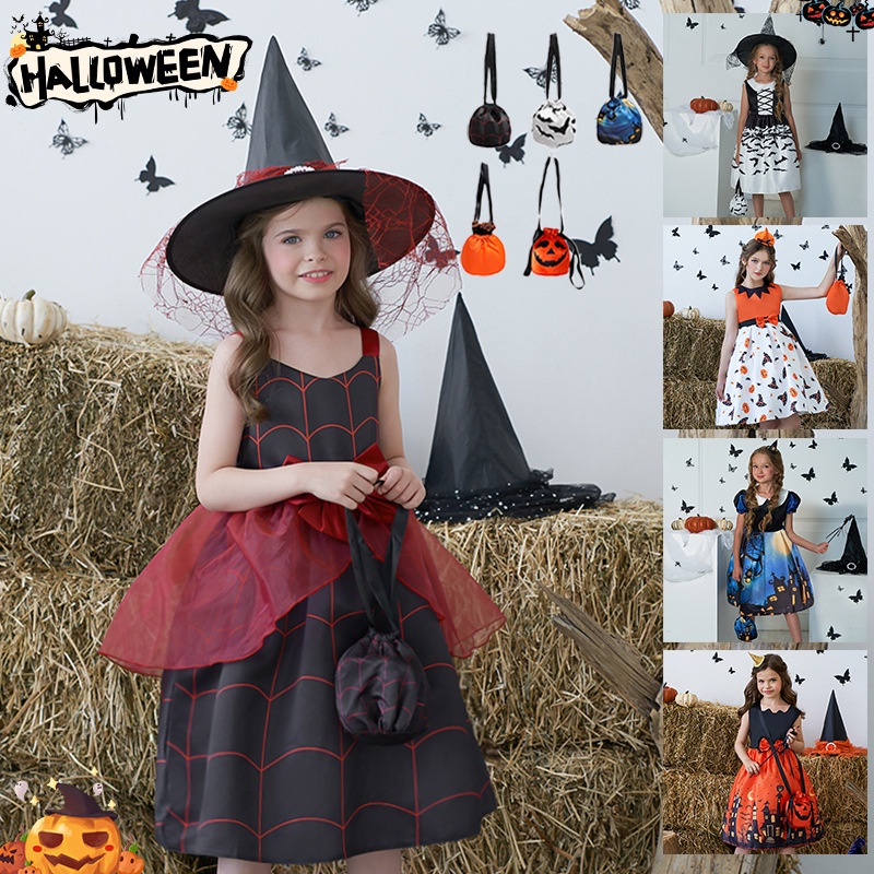 Đầm Hóa Trang halloween Nhân Vật Phù Thủy Bí Ngô Cho Bé Gái Mới