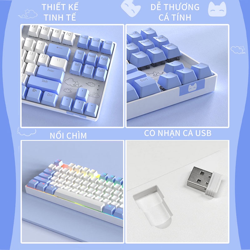Bàn Phím Cơ Gaming Không Dây Bluetooth BASIC KB14 Brown/Blue Switch 87 Phím Màu Tím/xanh/hồng Có đèn,3 Chế độ Kết Nối
