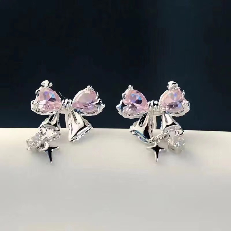 Bông Tai Hình Nơ Đính Đá zircon Màu Hồng Pha Lê Thời Trang Cho Nữ