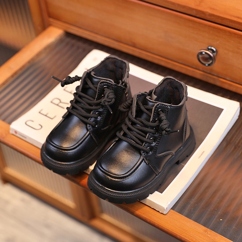 Giày Bốt Da Mềm Màu Đen Cá Tính Cho Bé Trai