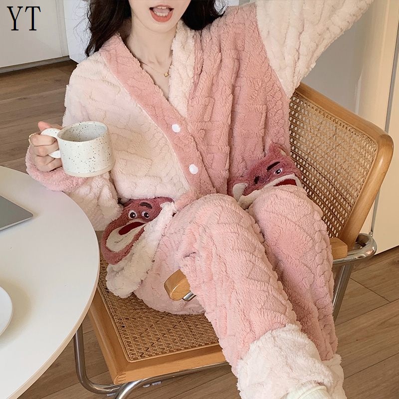 Disney Bộ Đồ Ngủ Lông Cừu San Hô Dày Dặn In Hoạt Hình Toy Story Dễ Thương Thời Trang Mùa Đông Cho Nữ