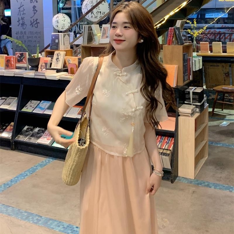 Bộ Áo Sơ Mi Hồng Tay Ngắn Kèm Chân Váy Lưng Cao Phong Cách Trung Hoa Thời Trang Mùa Hè 2023#23918