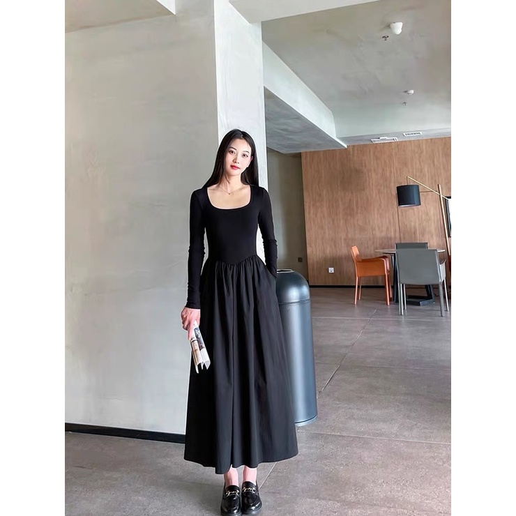 Đầm Xòe Chữ a Tay Dài Cổ Vuông Eo Cao Có Túi Phong Cách Pháp