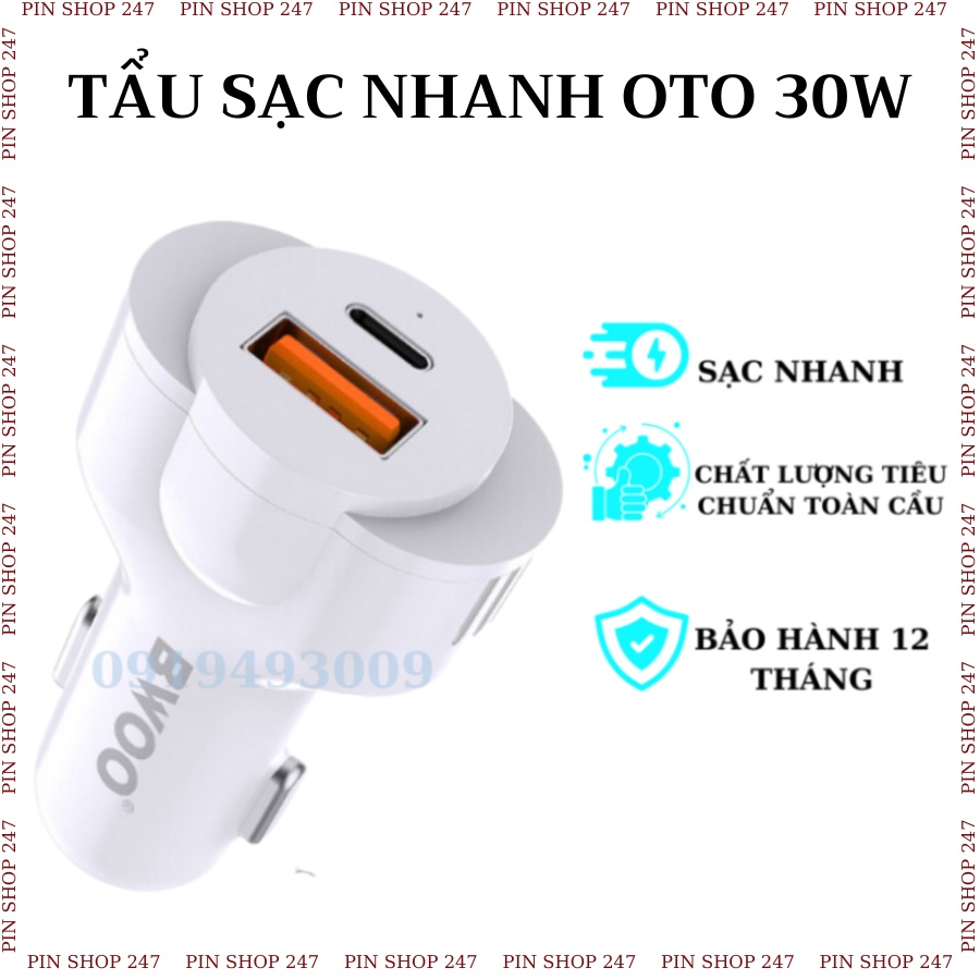 Tẩu sạc nhanh ô tô 2 cổng BWOO 30W PD Usb Tyc Chống cháy nổ cho iphone samsung oppo xiaomi PINSHOP