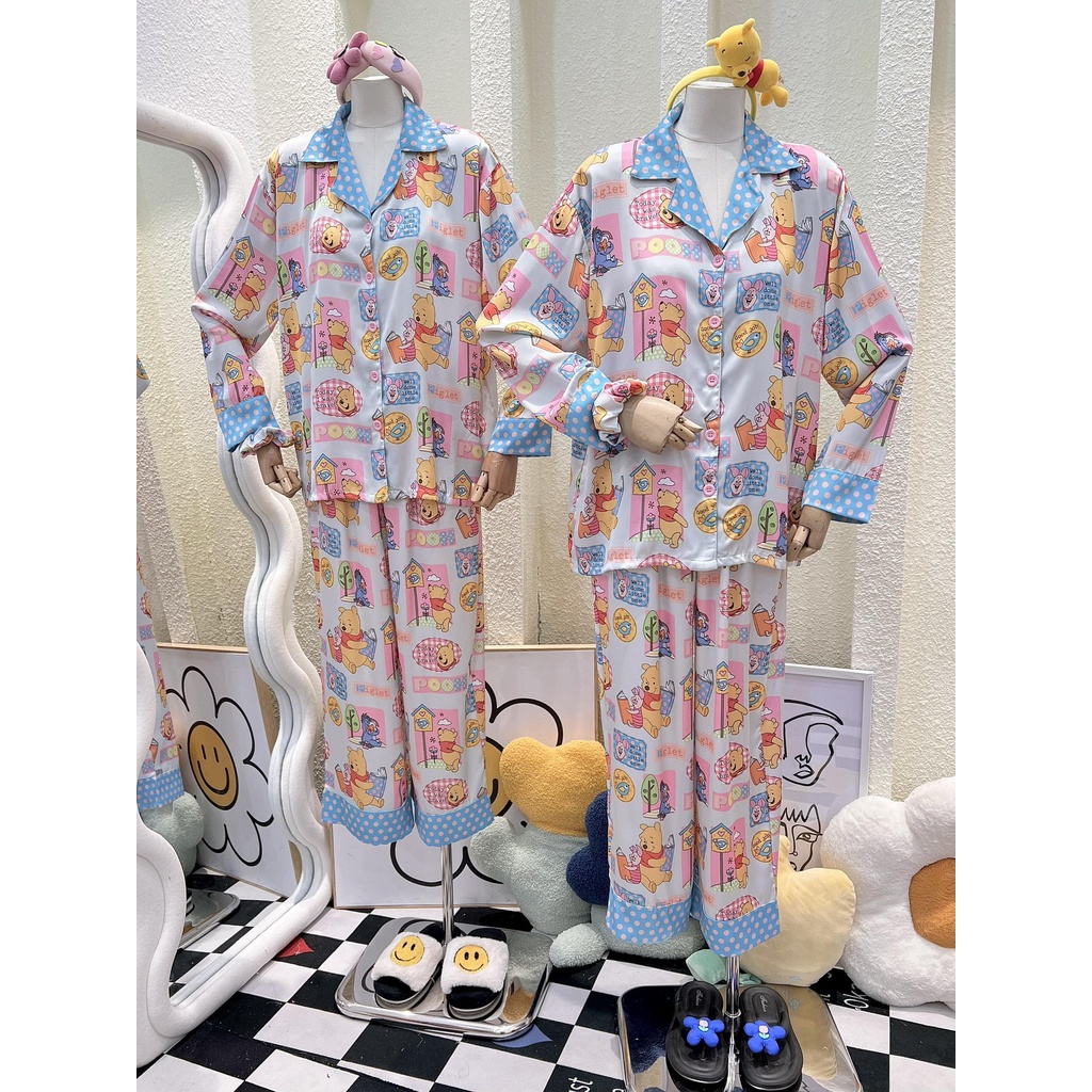Bộ Pijama Monybear quần dài , áo tay dài in hình Pooh cute khung caro kèm cột tóc - HN1619