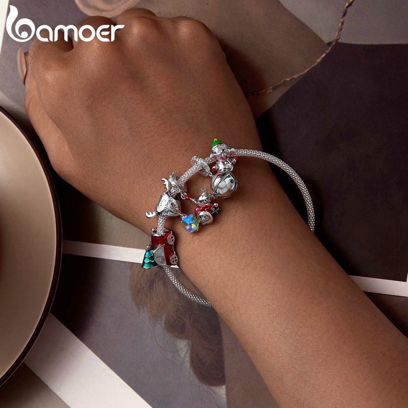 Bamoer Mặt Dây Chuyền Bạc sterling 925 Hình Người Tuyết / Tuần Lộc / Chuông / Bộ Sưu Tập Vòng Đeo Tay diy