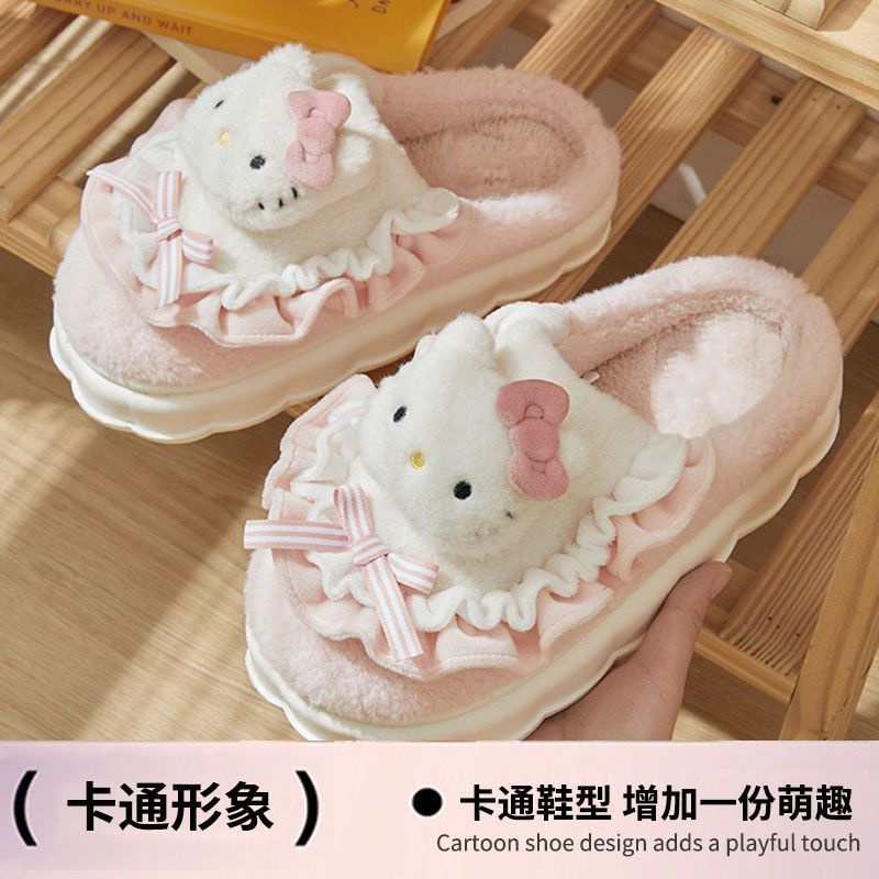 Hellokitty Dép bông cotton Lót Lông Cừu Dày Dặn Ấm Áp Chống Trượt Hình hello kitty Cho Nữ Vào Mùa Đông