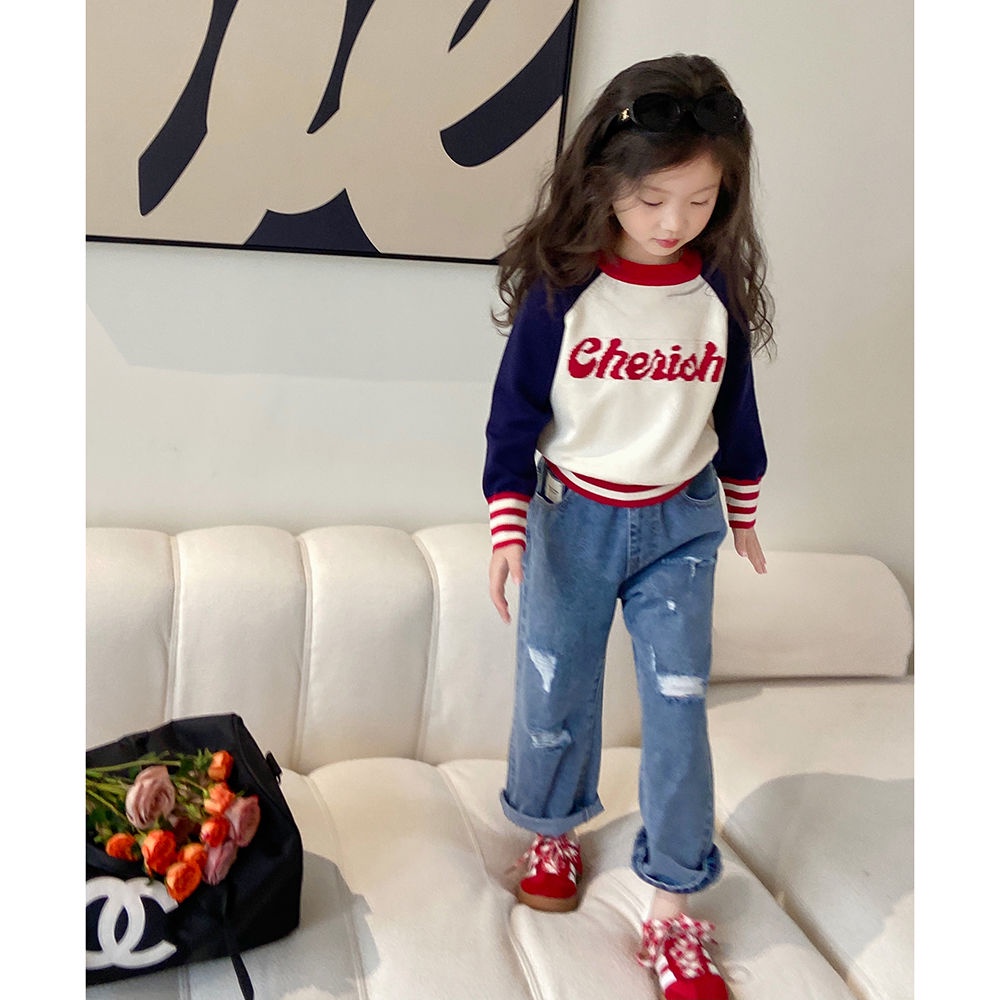 Áo Khoác Sweater Dệt Kim Phối Màu Tương Phản Thời Trang Xuân Thu 2023 Phong Cách Hàn Quốc Cho Bé Gái