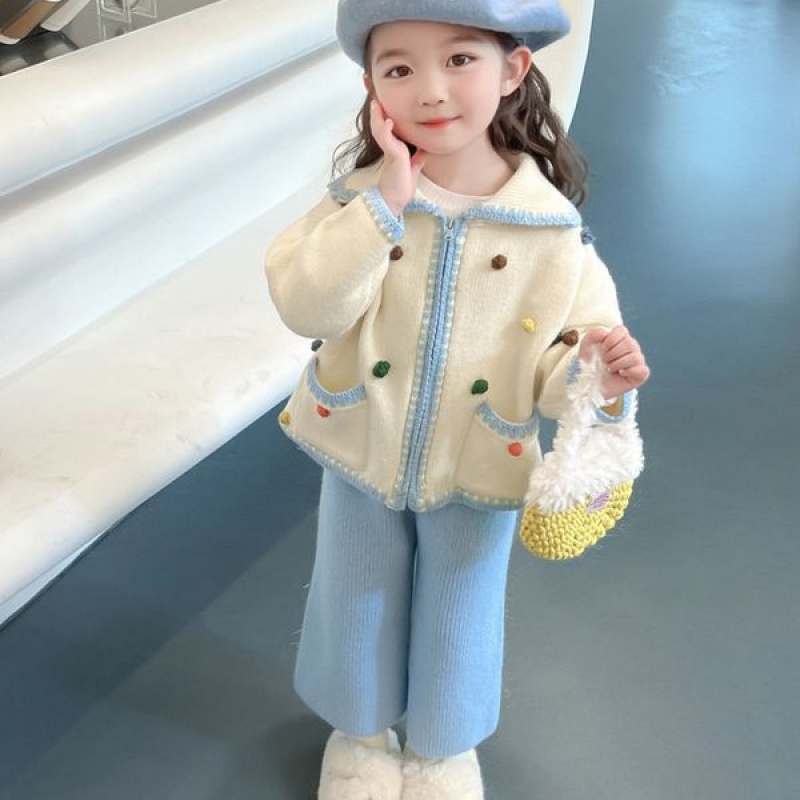 Áo Sweater Dệt Kim Phối Bóng Lông Nhỏ Dễ Thương Thời Trang Thu Đông Cho Bé Gái