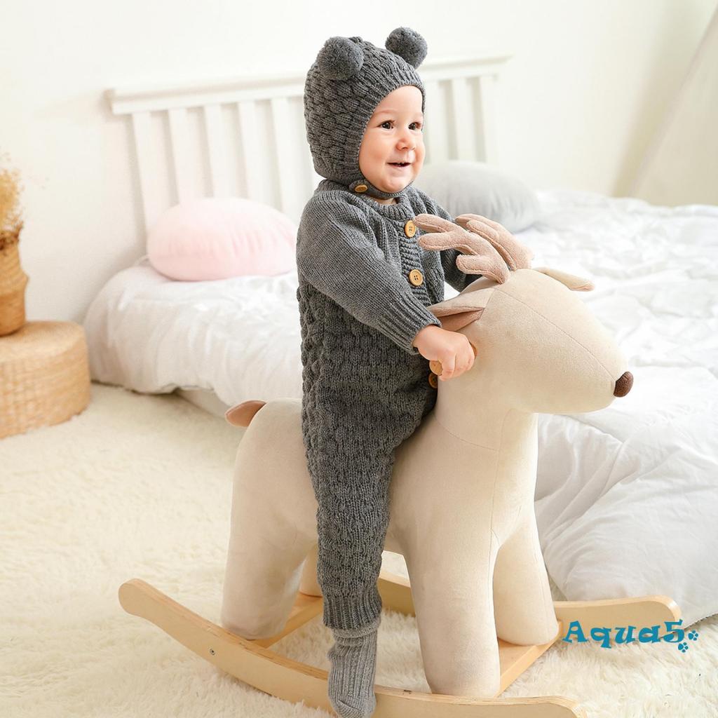 Aqua-bộ 2 Món Áo Liền Quần Dệt Kim Tay Dài Màu Trơn + Mũ Gấu Thời Trang Mùa Đông Cho Bé