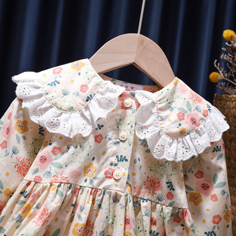 Đầm Công Chúa Tay Dài Cổ Bẻ In Họa Tiết Hoa Thời Trang Xuân Thu Cho Bé Gái