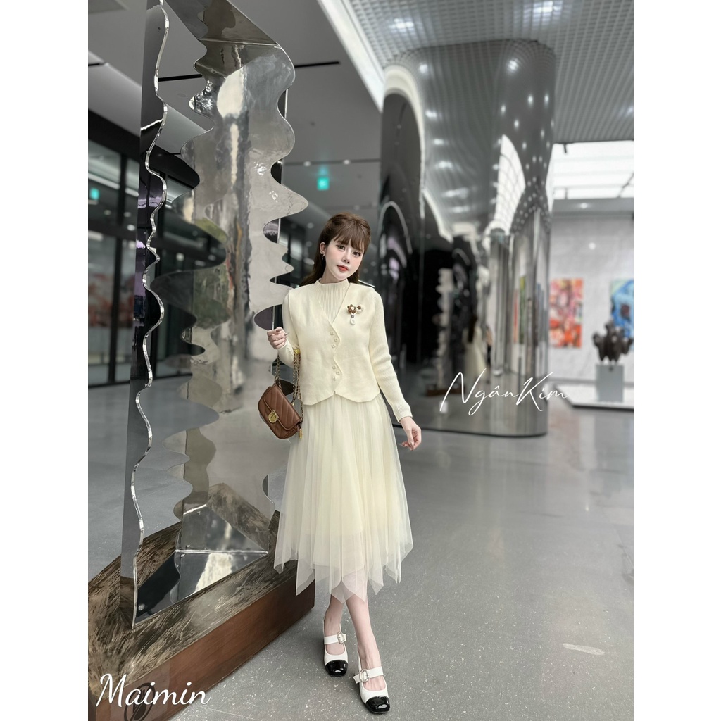 Set váy len chân voan áo gile hoa nhỏ hàng QC