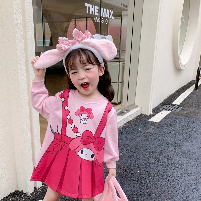 Đầm Len Giả Hai Mảnh Tay Dài In Hoạt Hình Phong Cách Xuân Thu Cho Bé Gái 90-140cm