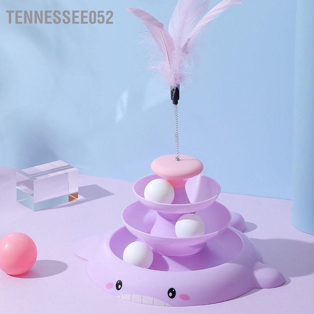 Tennessee052 Đồ chơi bóng bàn xoay cho mèo 3 cấp độ tương tác làm giảm sự nhàm chán của con tháp lăn đồ với thanh lông vũ và quả