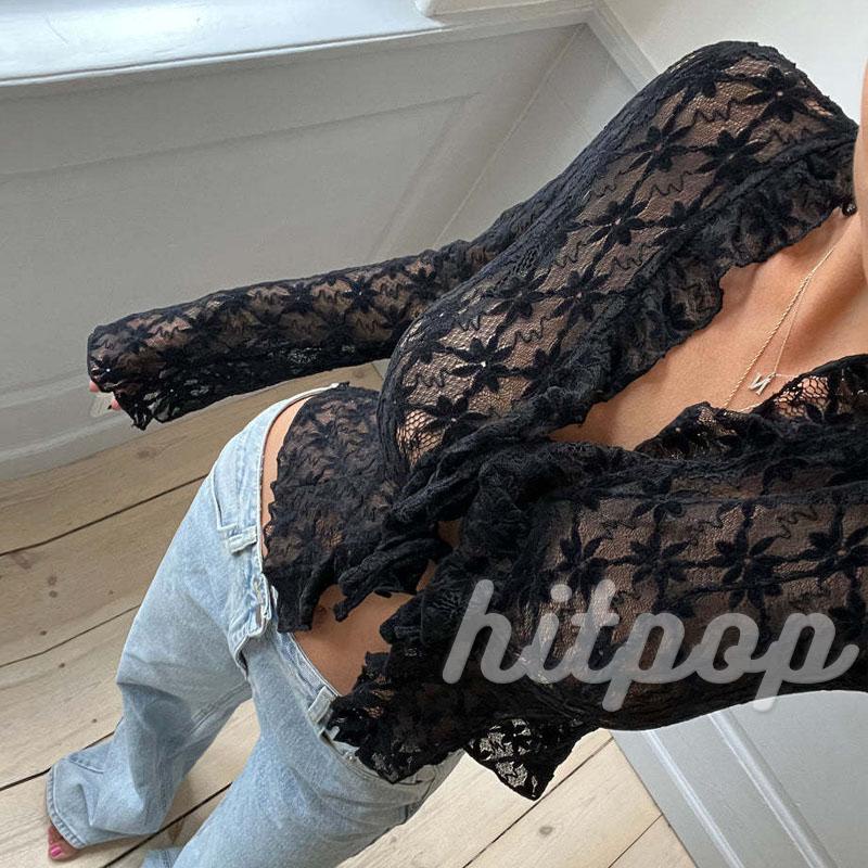 Áo Croptop Ren Hoa Xuyên Thấu Tay Dài Quyến Rũ Cho Nữ