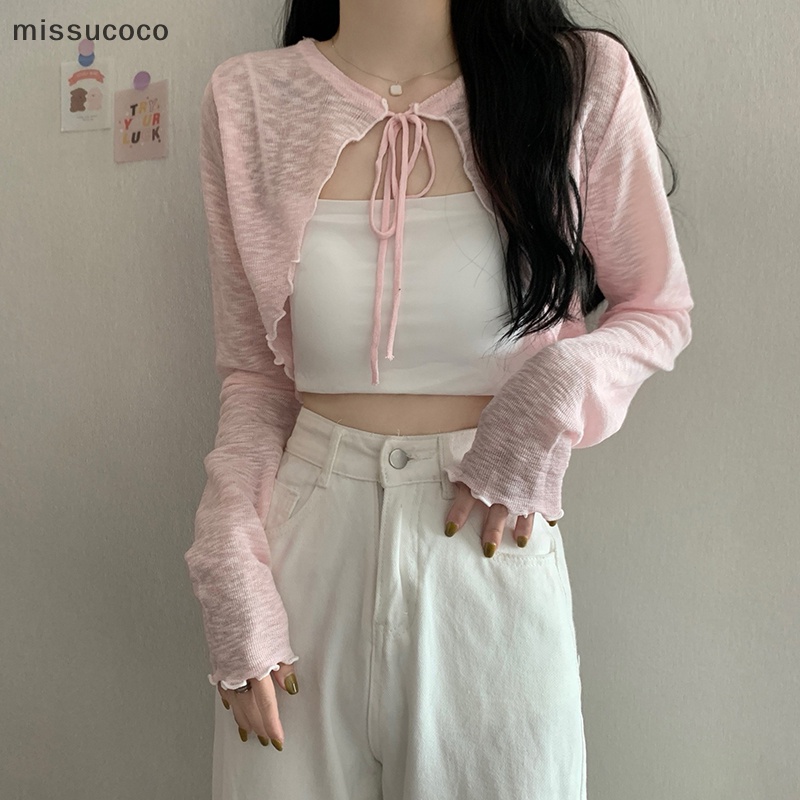 Áo Khoác cardigan Mỏng Tay Dài Màu Trơn Cột Dây Thời Trang Mùa Hè Cho Nữ coc