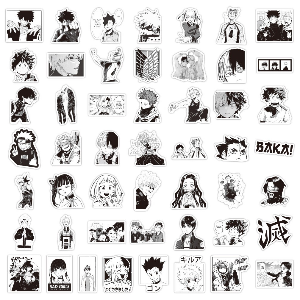 Set 10 Miếng Dán Trang Trí Ván Trượt / Xe Hơi - Họa Tiết Nhân Vật Anime Màu Trắng Đen 100 / 50 / 25 / 10 Sticker