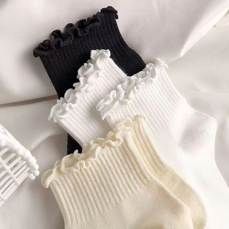 Vớ cotton Cổ Cao Đến Mắt Cá Chân Phối Bèo Dễ Thương Phong Cách Hàn Quốc Cho Nữ