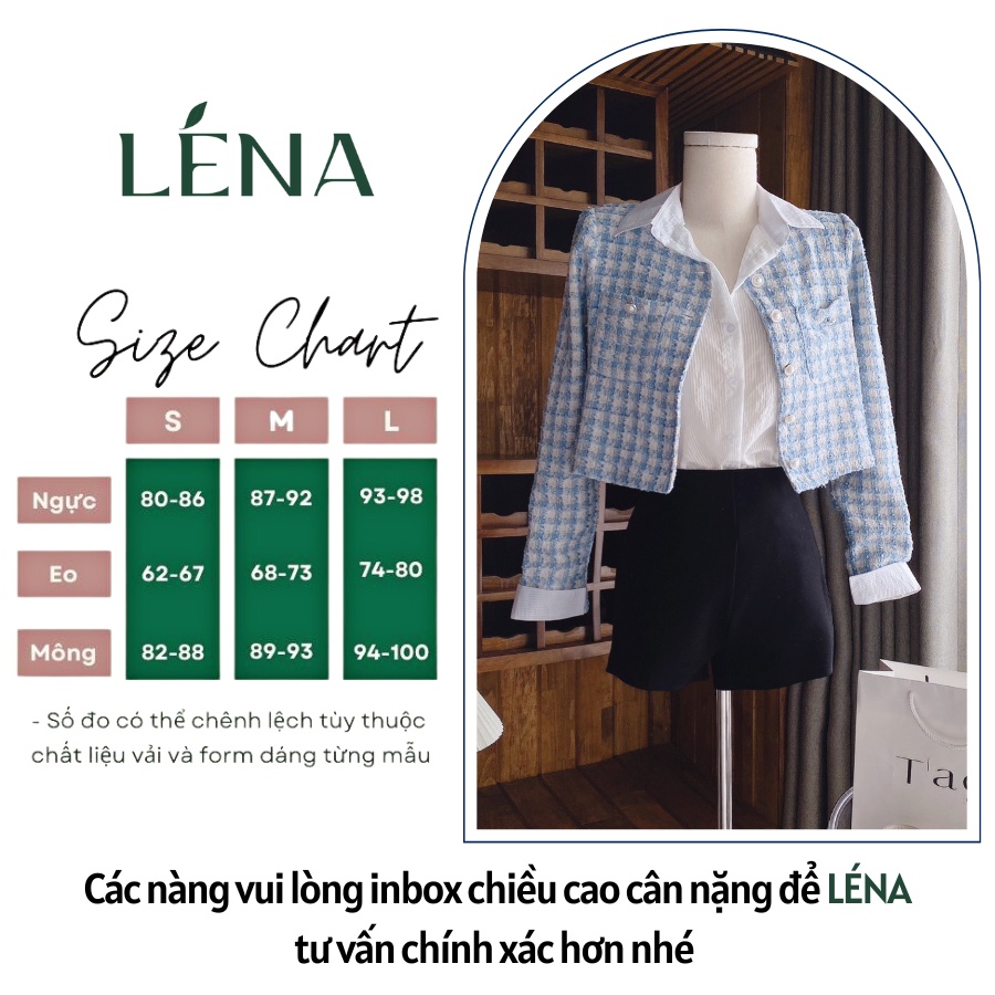 Áo Khoác Dạ Tweed cổ tròn xanh baby dáng lửng siêu sang chảnh - Sơ mi trắng tơ mịn mát- quần đùi ôm body  LENA 3040