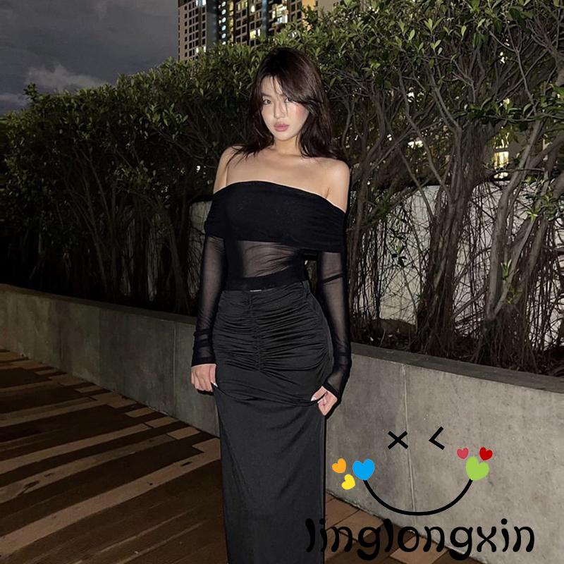 Áo Lưới Tay Dài Cổ Thuyền 2 Màu Sắc Trơn Dành Cho Nữ