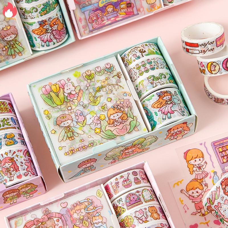 Hộp 8 món băng keo dính Washi tape + sticker dán trang trí sổ lưu niệm DIY hoa tiết hoạt hình cute RYVN