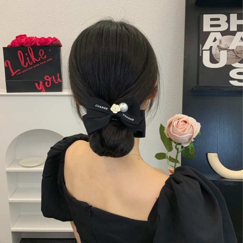 Đen Kẹp Tóc Hình Nơ Đính Hoa Trà Trắng Thời Trang Cho Nữ