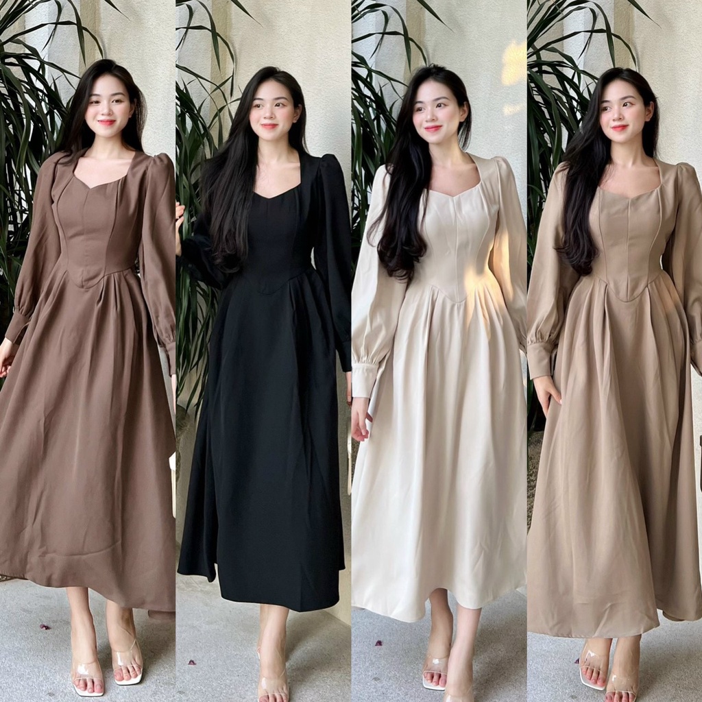 Đầm tay dài cổ vuông tiểu thư có dây cột eo xinh xắn