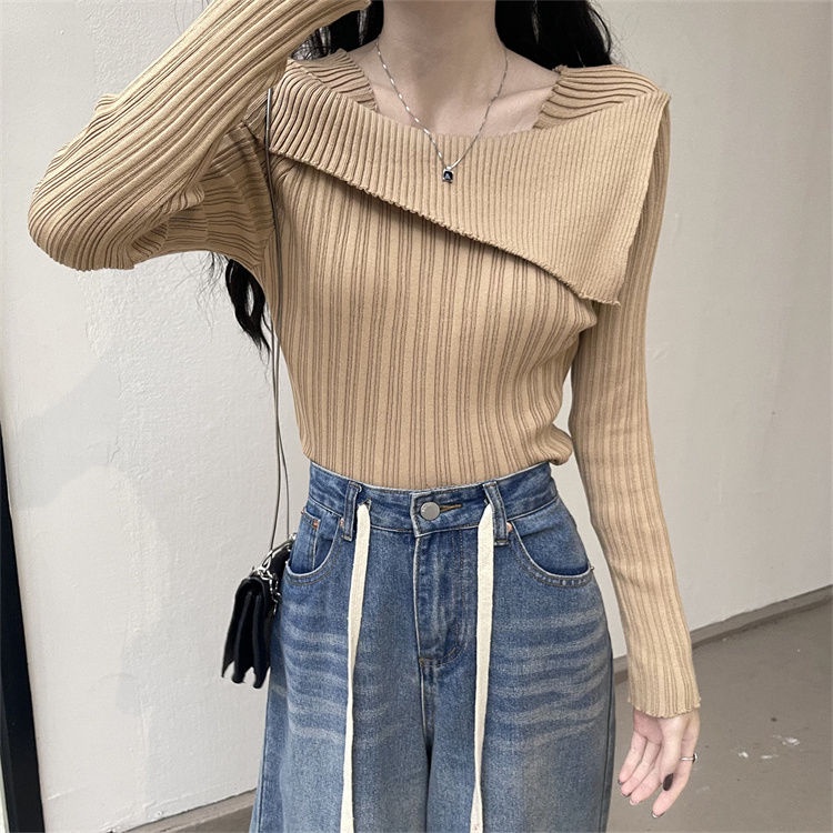 One Áo sweater Dệt Kim Trễ Vai Dáng Ôm Thời Trang Thu Đông Cho Nữ