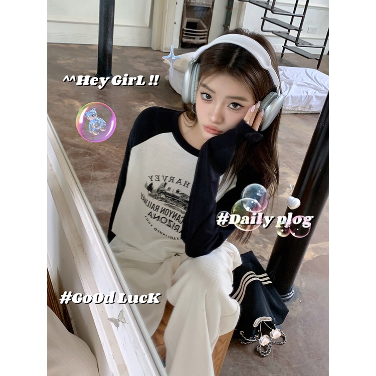 Áo Thun Tay Dài Cổ Tròn In Chữ Màu Sắc Tương Phản Thời Trang Thu Đông Cho Nữ