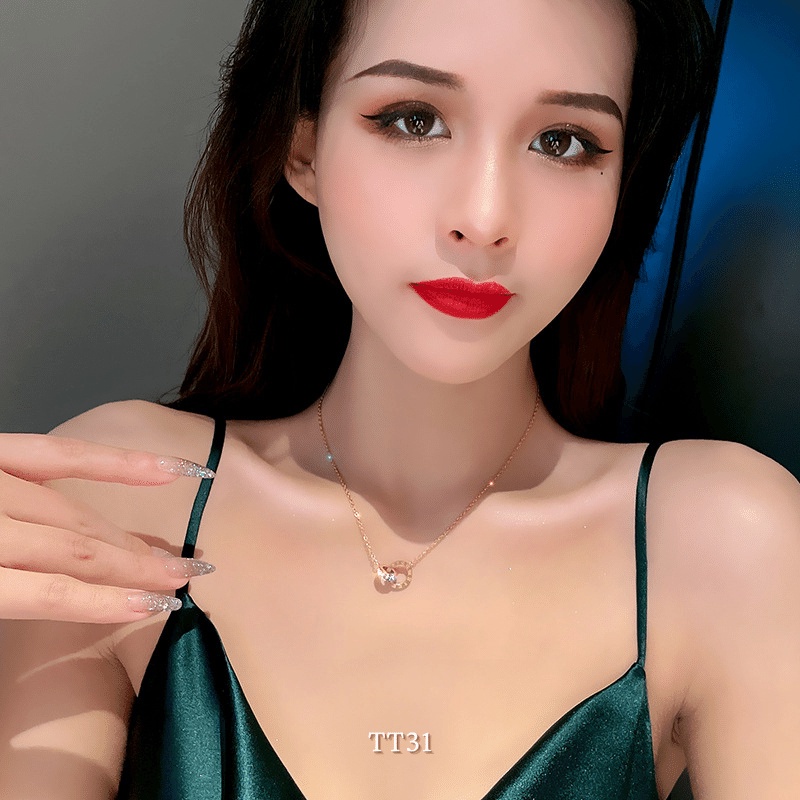 Vòng Cổ Ngắn Bằng Thép Titan Hai Vòng Tròn Đính Kim Cương Cho Nữ