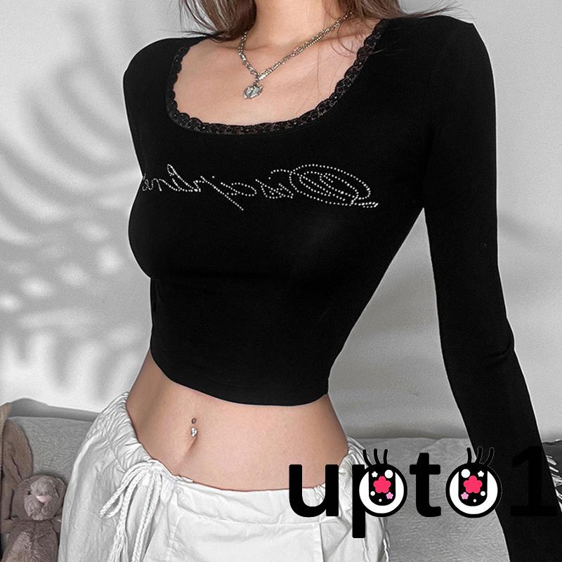 Áo Croptop Tay Dài Viền Ren In Chữ Thời Trang Cho Nữ