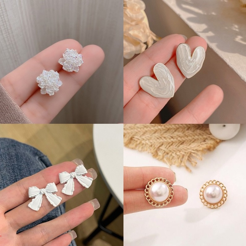 Mới Bông Tai Mạ Bạc 925 Đính Ngọc Trai Đơn Giản Thời Trang