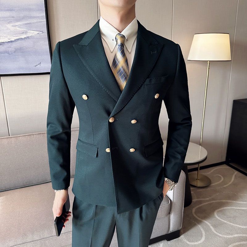 Áo Khoác blazer Hai Hàng Nút Bằng Kim Loại Cao Cấp Ôm Dáng Màu Xanh navy Phong Cách Anh Quốc Cho Nam