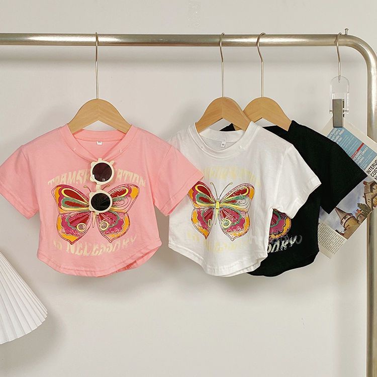 Áo Thun Tay Ngắn Dáng Ôm In Họa Tiết Bươm Bướm Thời Trang Mùa Hè Xinh Xắn Cho Bé Gái