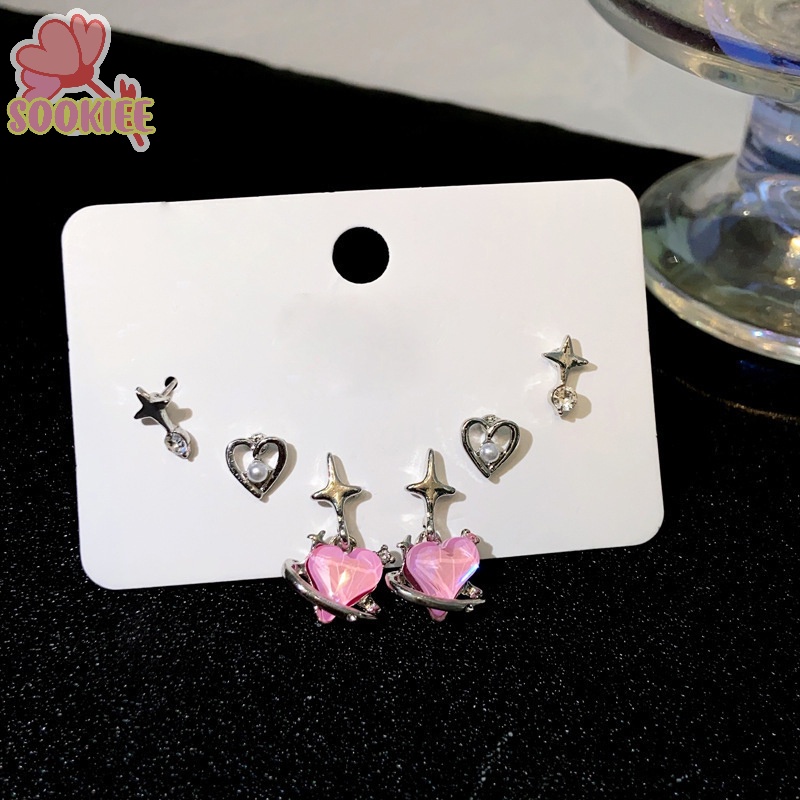 1 Bộ Bông Tai Đính Đá zircon Hình Trái Tim Màu Hồng / Ngôi Sao Phong Cách Hàn Quốc Thời Trang Cho Nữ y2k
