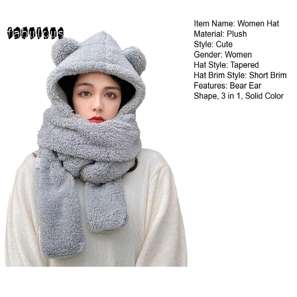 Fab set Mũ Trùm Đầu + Găng Tay + Khăn Choàng 3 Trong 1 Bằng Vải Bông Giữ Ấm Tai Gấu Co Giãn Thời Trang Mùa Đông Cho Nữ