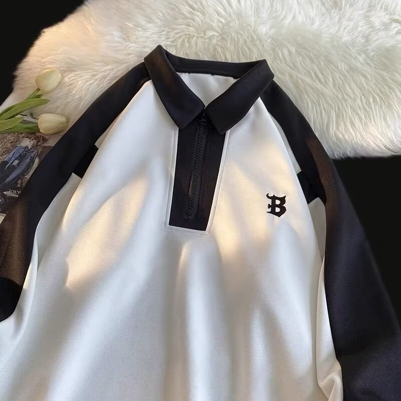 Áo sweater polo Dáng Rộng Màu Tương Phản Phong Cách Đường Phố Mỹ Thời Trang Cho Nam