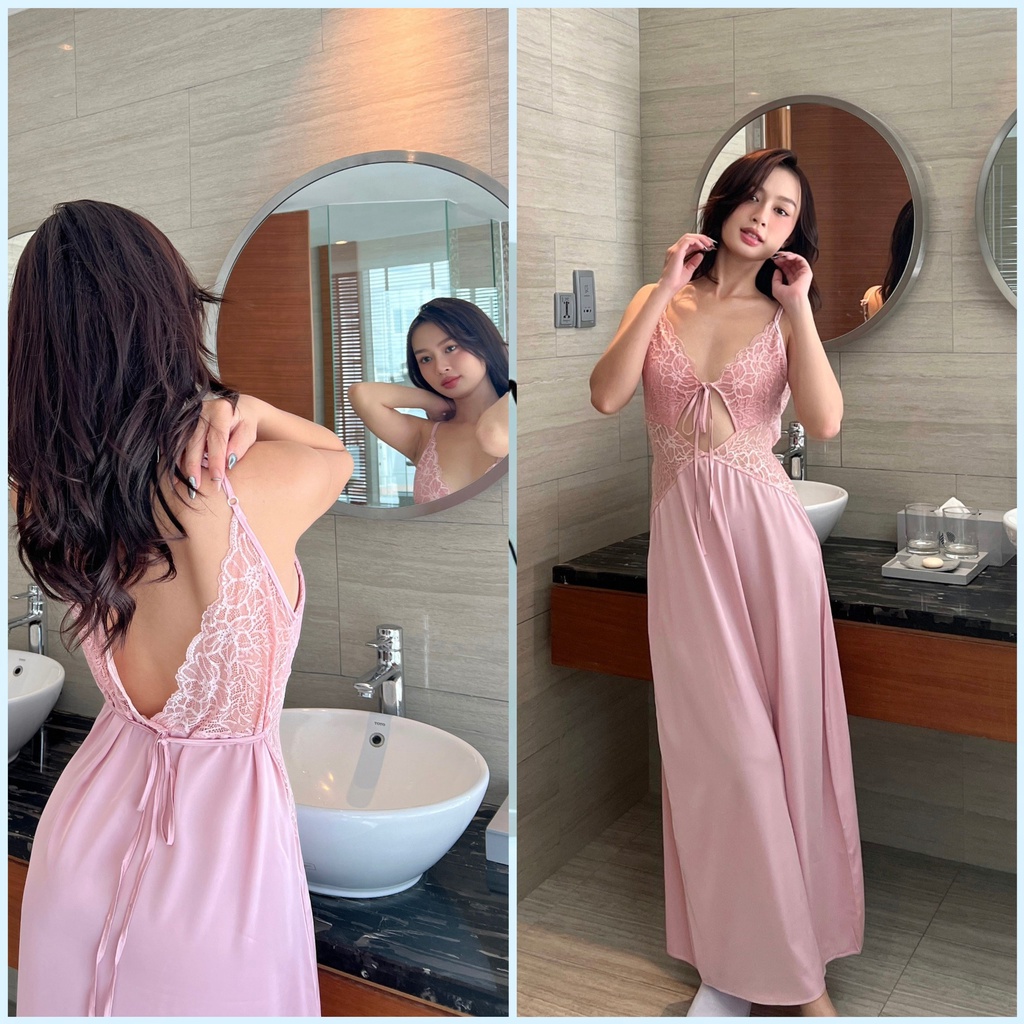 Đầm Ngủ Dáng Dài 2 Dây Phối Ren Cut Out Ngực Sexy Freesize Lụa Latin Cao Cấp