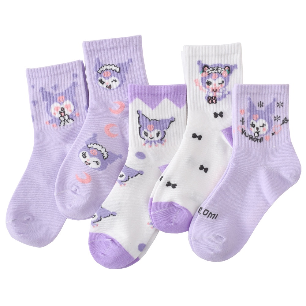 SANRIO Bộ 2 / 5 Đôi Vớ cotton Cổ Vừa In Họa Tiết Hoạt Hình kuromi Dễ Thương Thời Trang Thu Đông Cho Bé Trai Và Gái