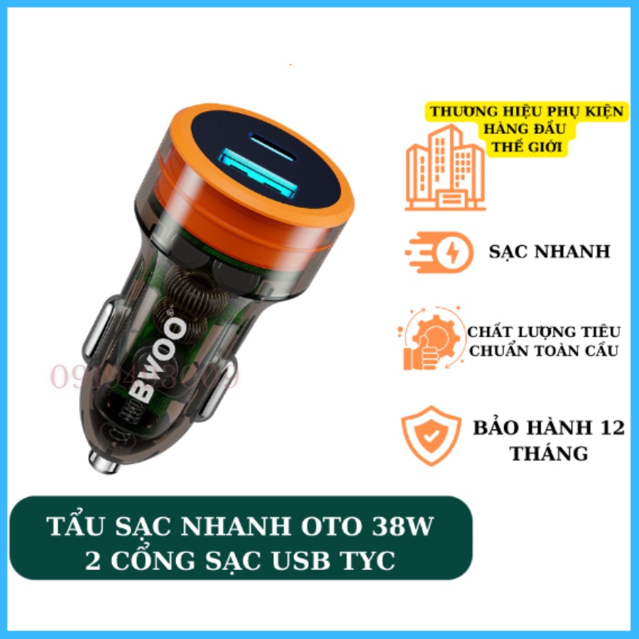 Tẩu sạc nhanh ô tô 2 cổng BWOO 38W PD Trong Suốt Usb Tyc Chống cháy nổ cho iphone samsung oppo xiaomi TIDI