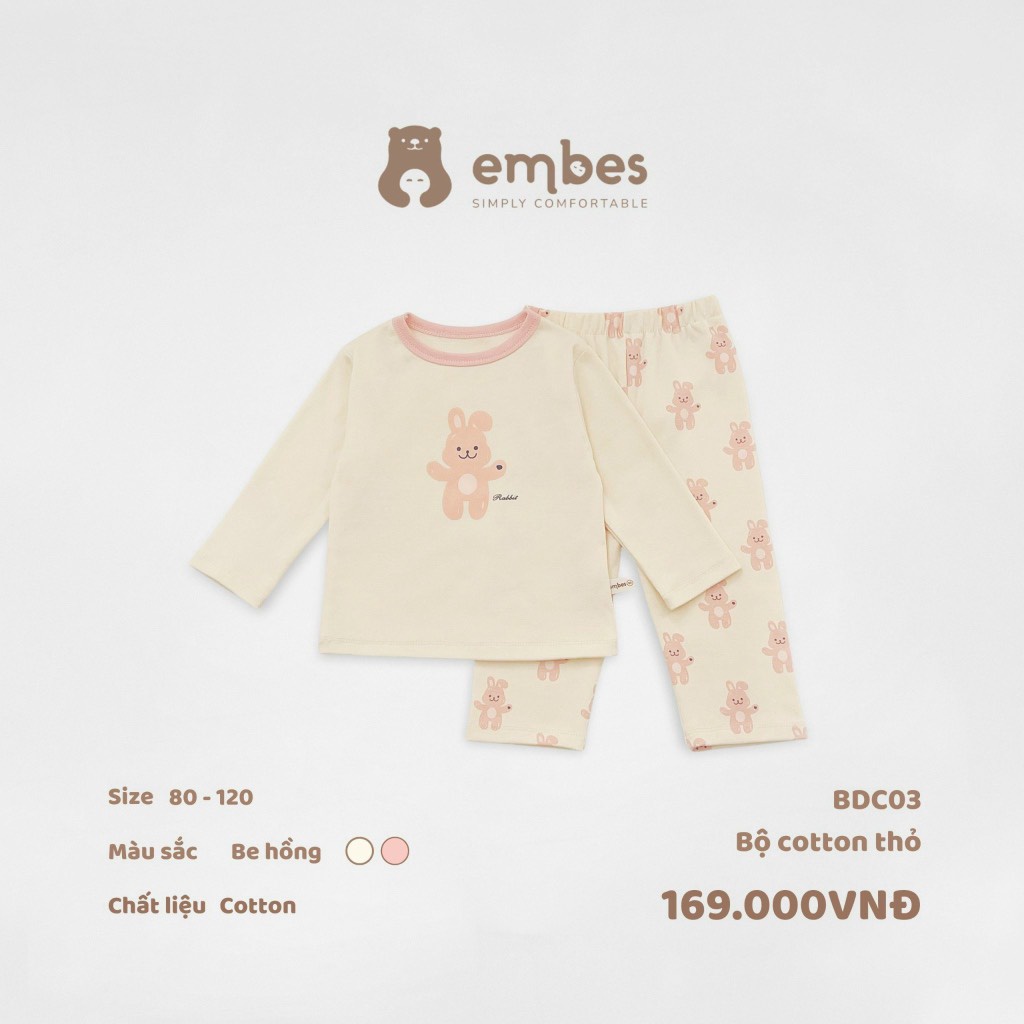 Bộ Embes dài tay cotton cho bé trai bé gái